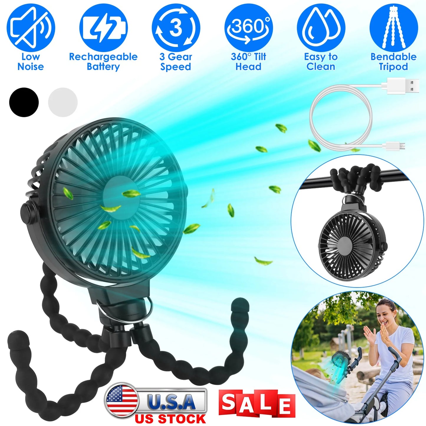 Portable Baby Stroller Fan Rechargeable Handheld Fan