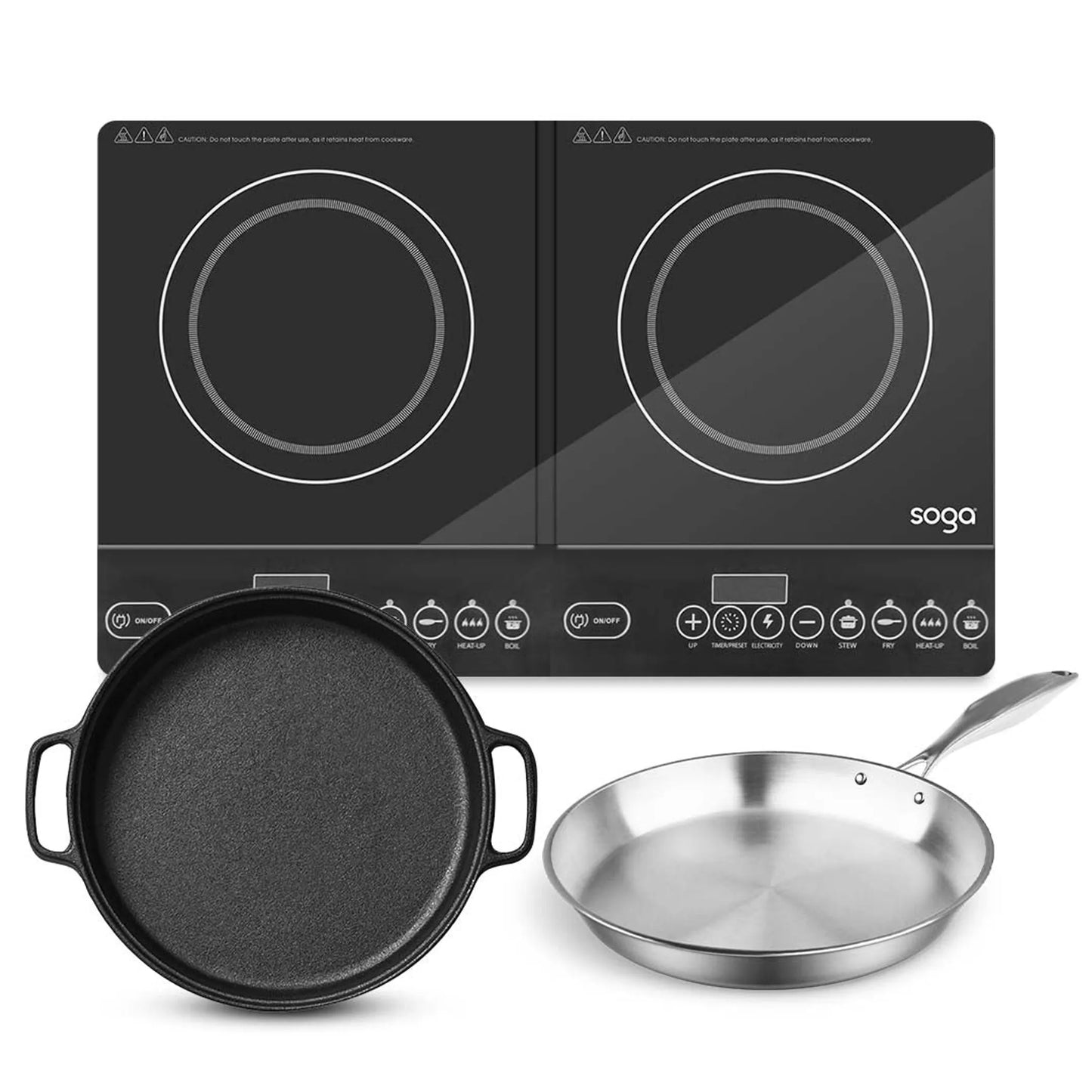 Dual Burners Cooktop Stove  Cast Iron Frying Pan Skillet and  Induction Fry Pan