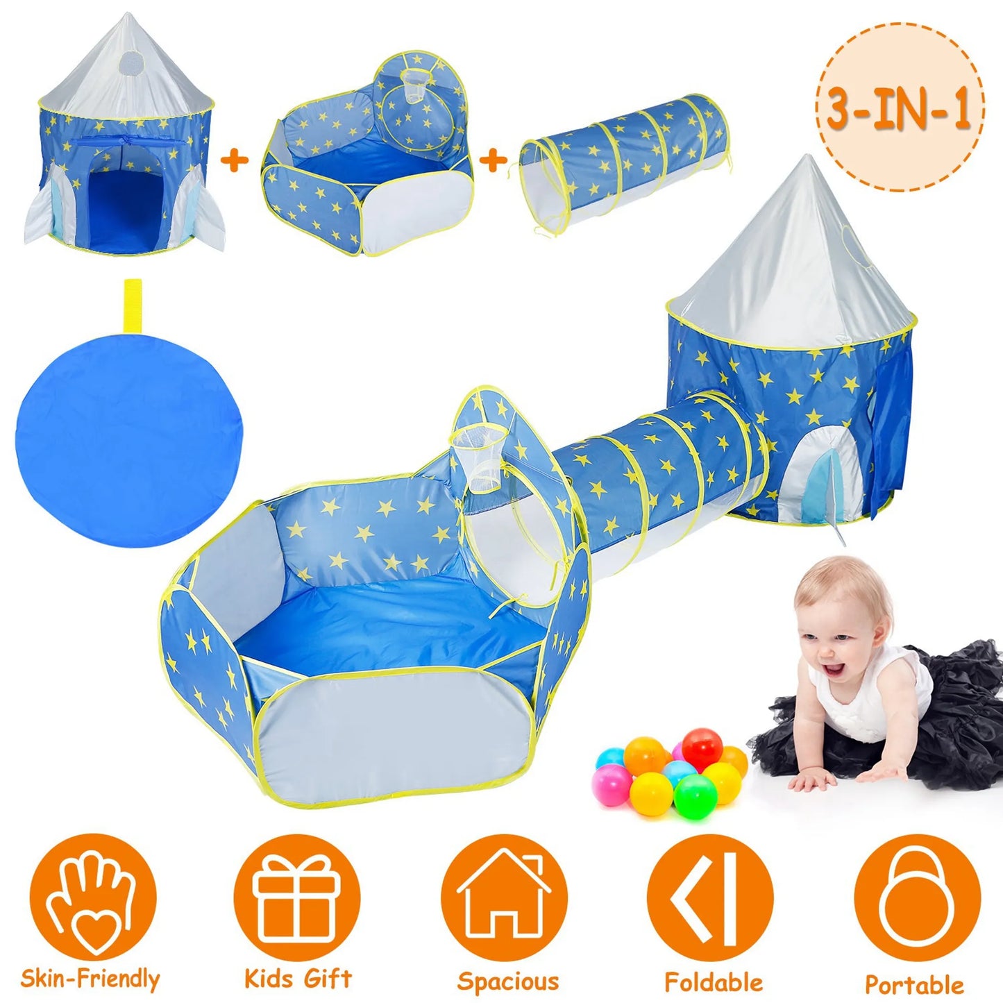 3 In 1 Child Crawl Tunnel Tent Kids Play Tent Ball Pit Set