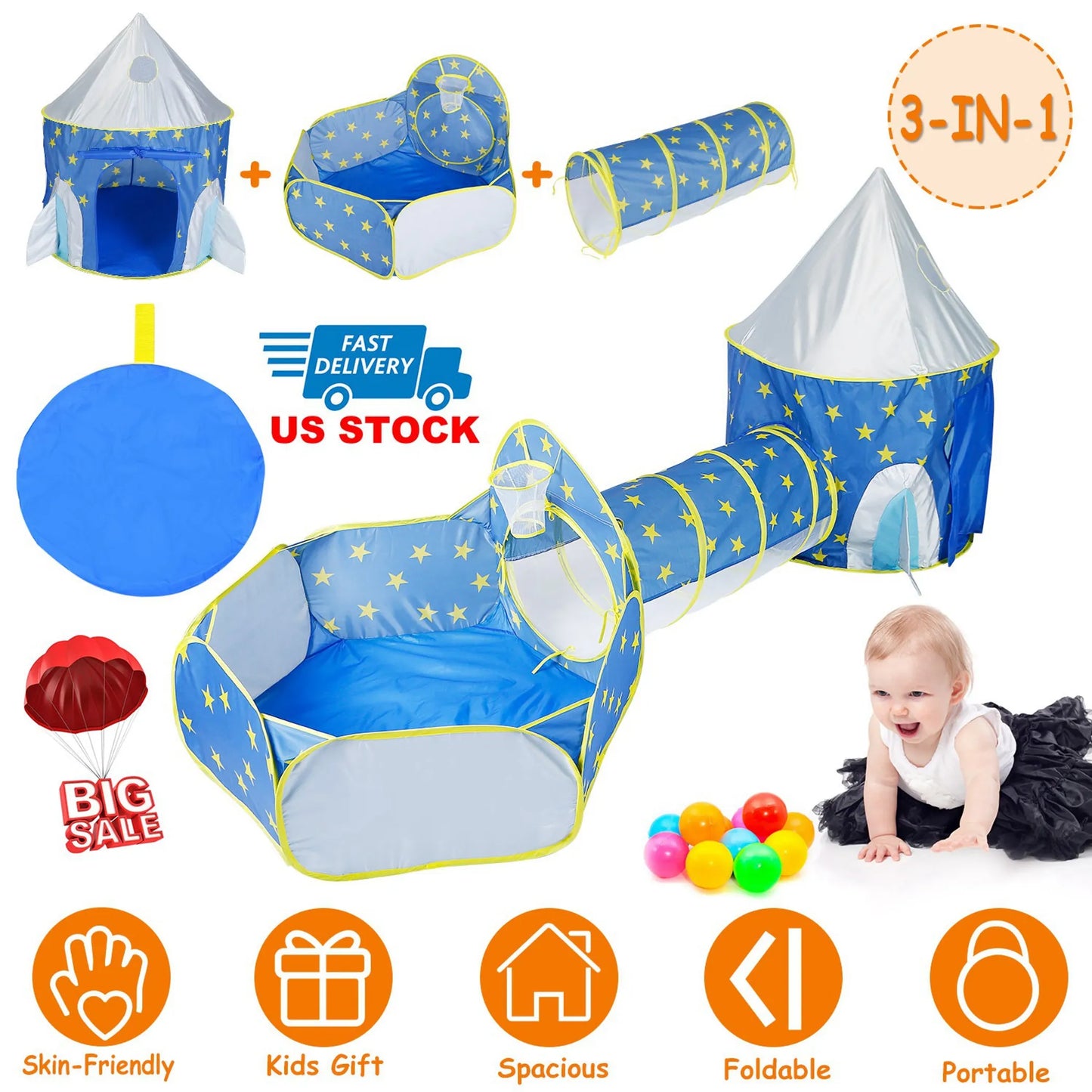 3 In 1 Child Crawl Tunnel Tent Kids Play Tent Ball Pit Set