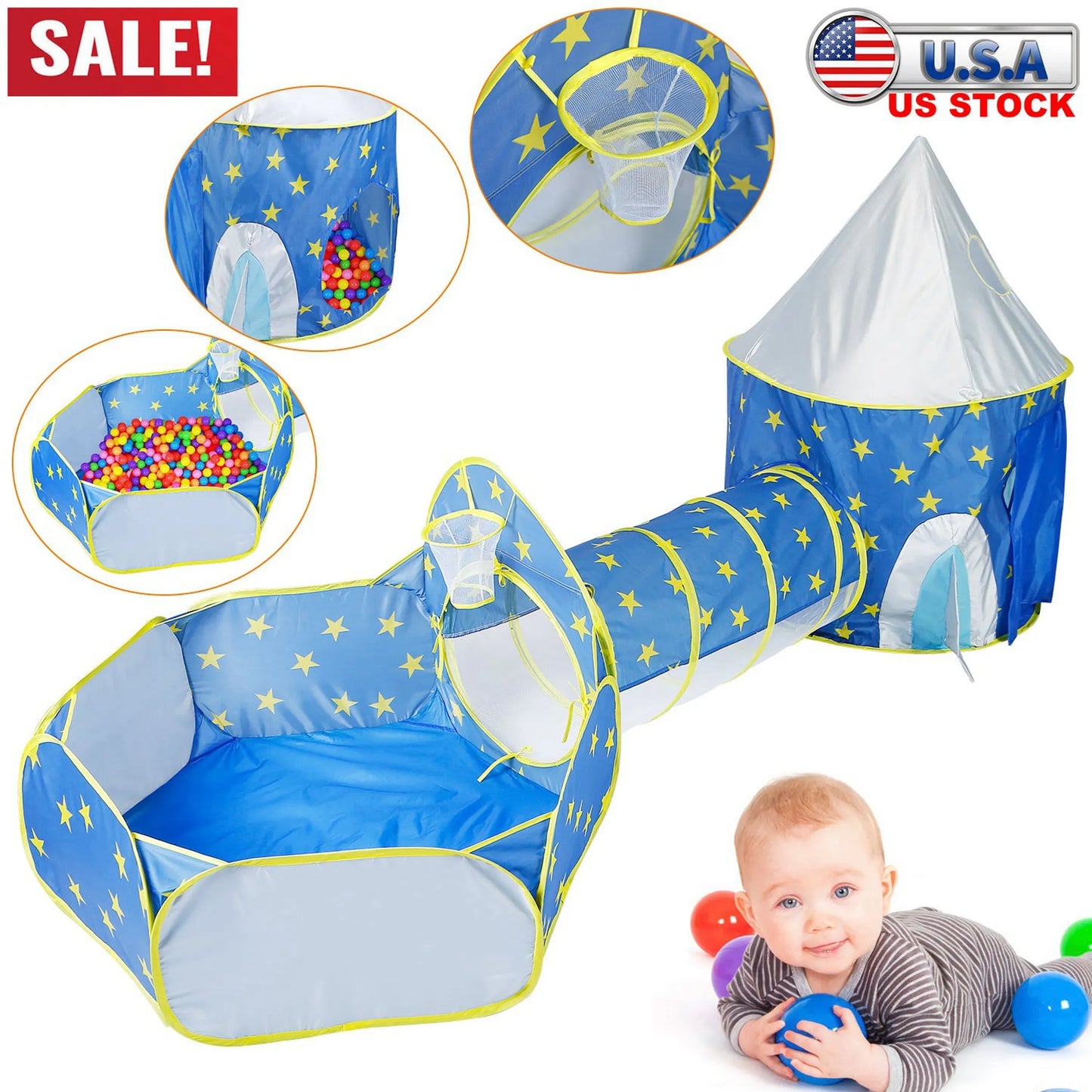 3 In 1 Child Crawl Tunnel Tent Kids Play Tent Ball Pit Set