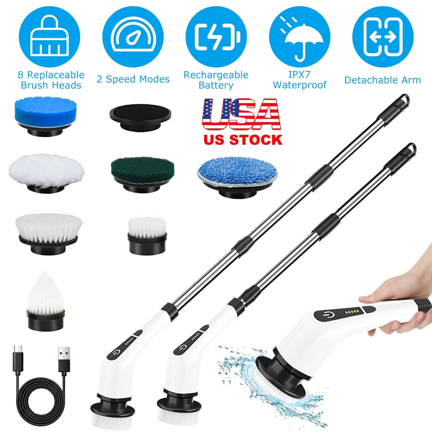 Electric Spin Scrubber Cordless Rechargeable Telescopic Cleaning Brush