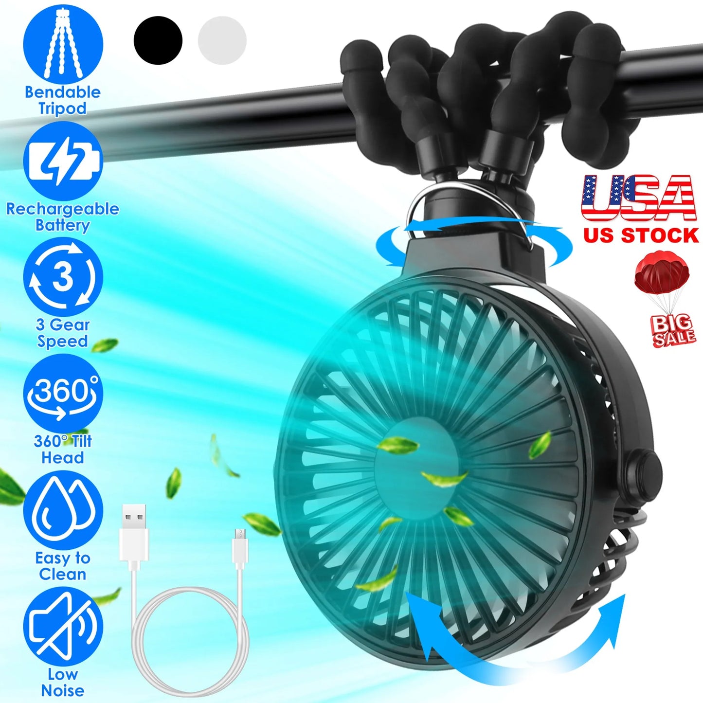 Portable Baby Stroller Fan Rechargeable Handheld Fan