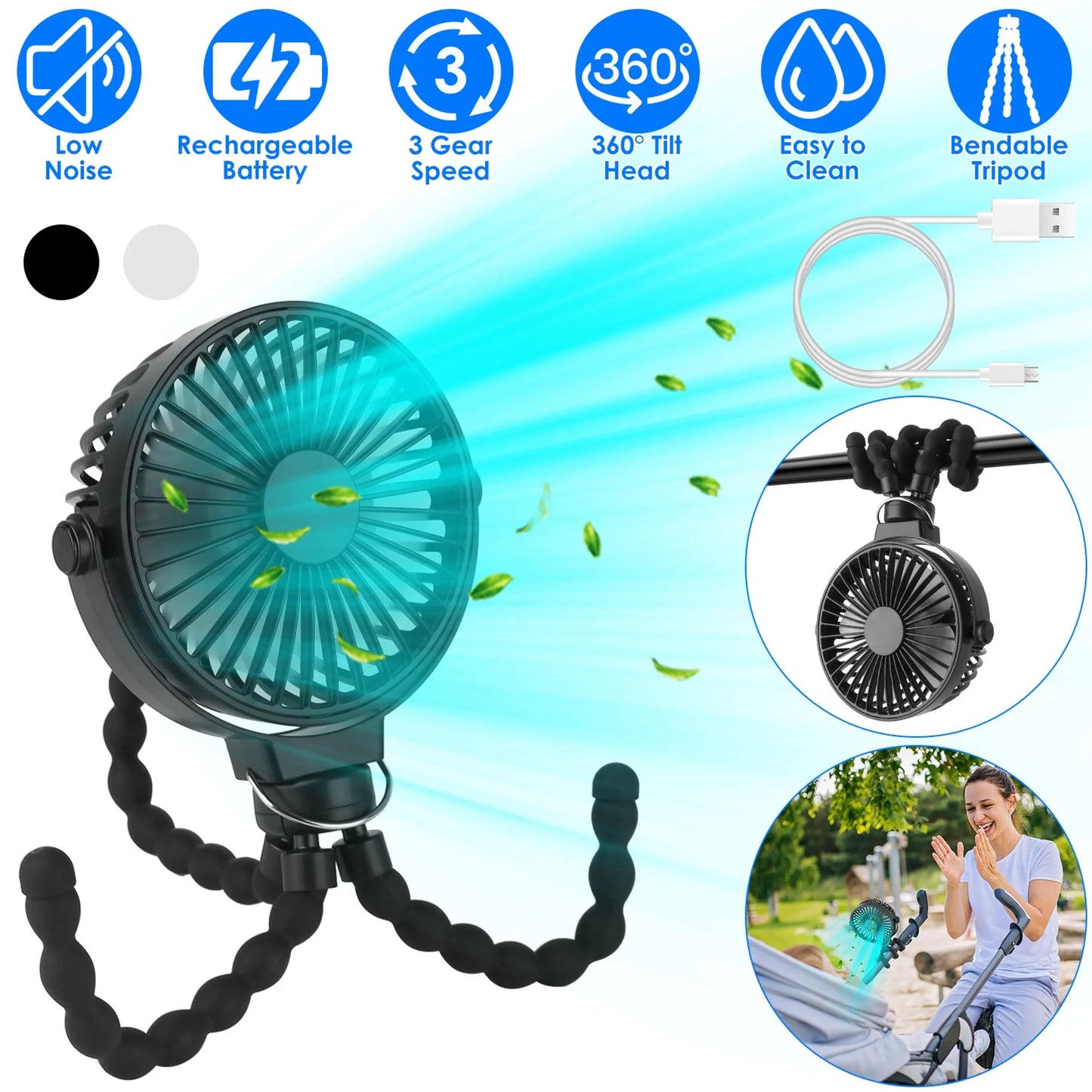 Portable Baby Stroller Fan Rechargeable Handheld Fan