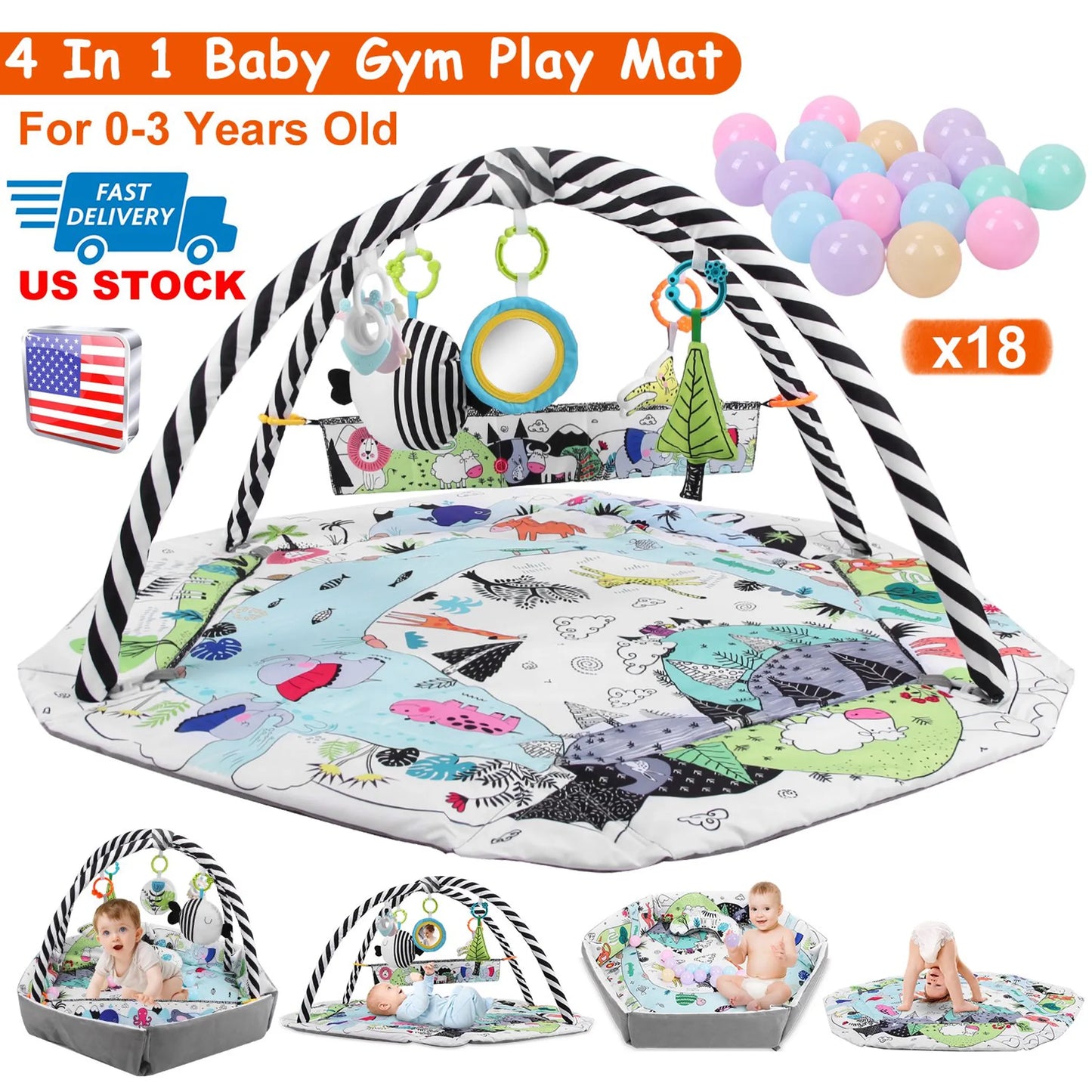 4 In 1 Baby Gym Play Mat Ball Pit Baby Lounger Safety Fence Tummy Time Mat
