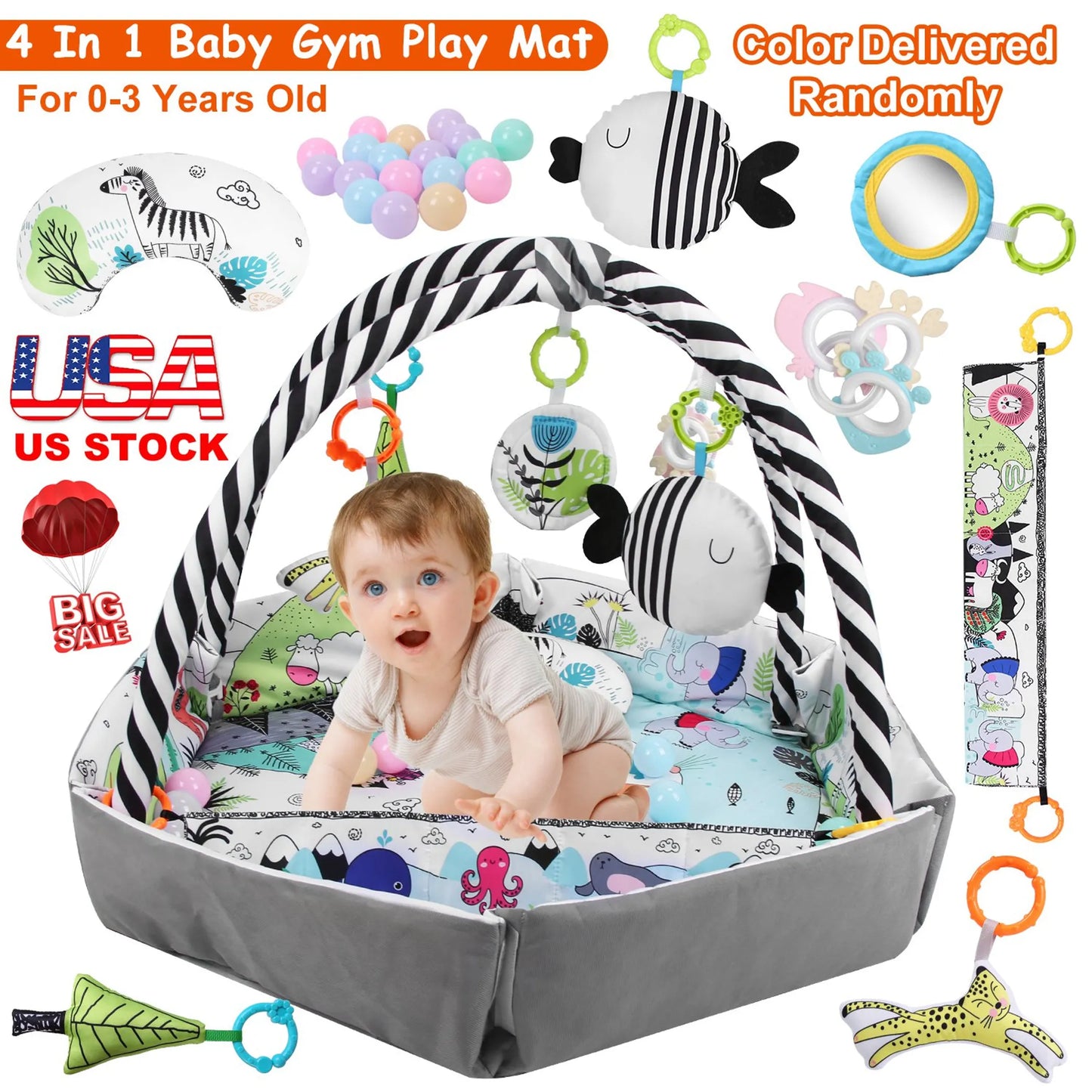 4 In 1 Baby Gym Play Mat Ball Pit Baby Lounger Safety Fence Tummy Time Mat